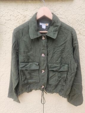 C&C California Olive Utility Linen Blend Drawcord Button Jacket
